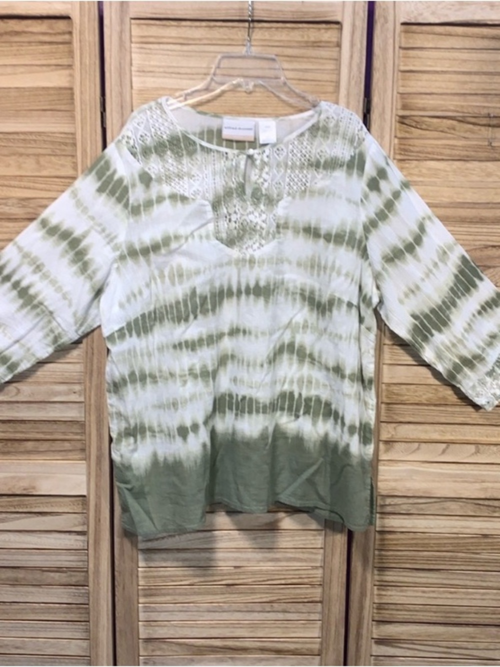 Alfred Dunner 3/4 Key Hole Button Blouse Green White Plus Size 16W